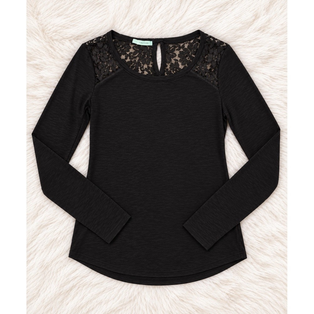 Maurices Dark Gray Lace Shoulder Long Sleeve Top Small Slub Knit